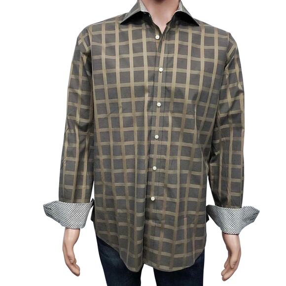 JOHNSTON & MURPHY Contrast Flip Cuff Neck Check Windowpane Dress Shirt Men L - Picture 1 of 12